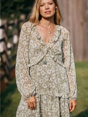 Anthropologie Ruffle V-Neck Mini Dress in Sage and Cream